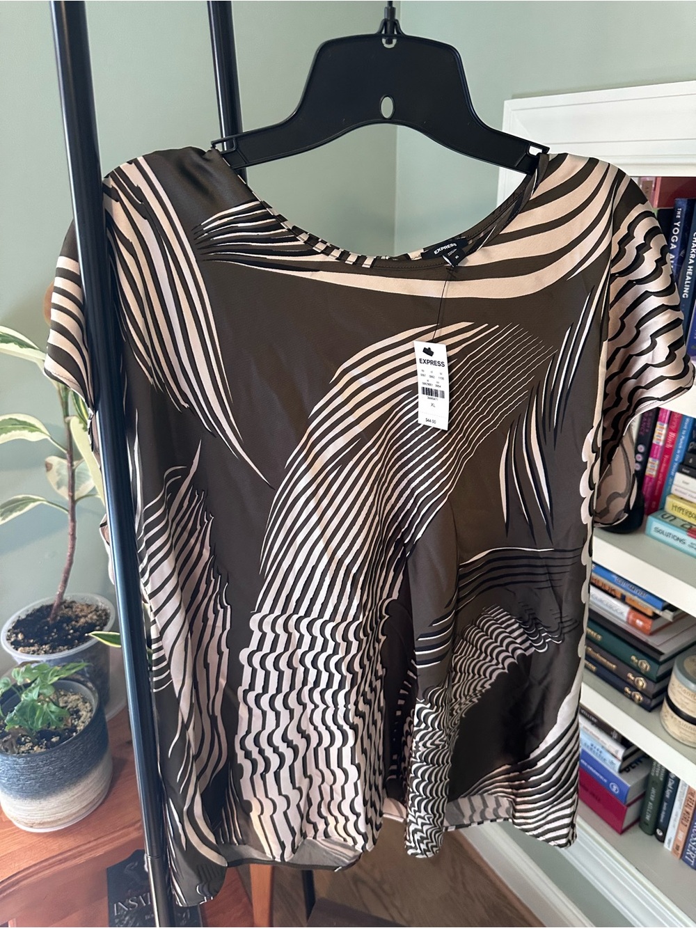 Express Army Green & Cream Abstract Satin Blouse